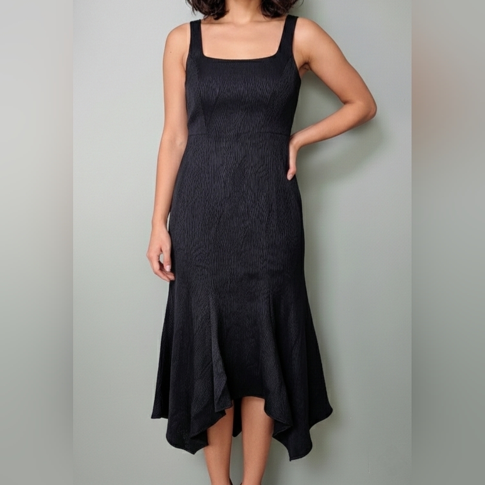 Jay Godfrey NWT Black Textured Square Neck Fit & Flare Midi Dress - Size 00 NWT